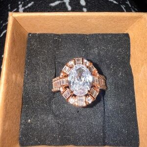 Rose Gold Oval Halo Statement Ring with Clear Center Stone